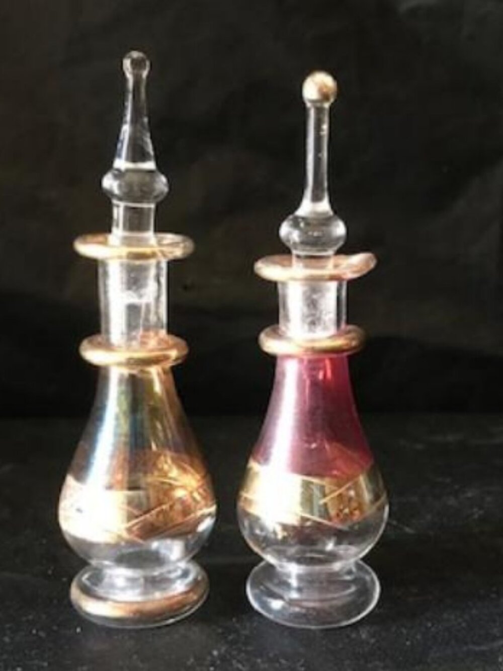 Set of 2 (Two) Vintage Egyptian Glass Perfume Bottle w 24K Gold Accents Lot #1